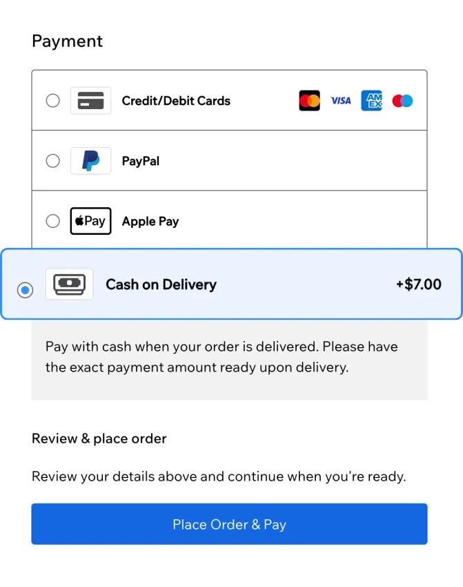 Wix checkout with a COD fee line item when Cash on Delivery is selected.