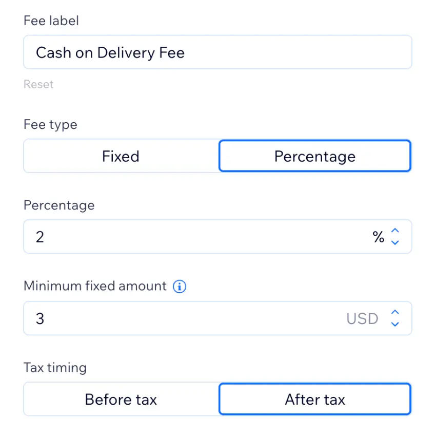 COD fee settings for fixed and percentage cash on delivery fees.