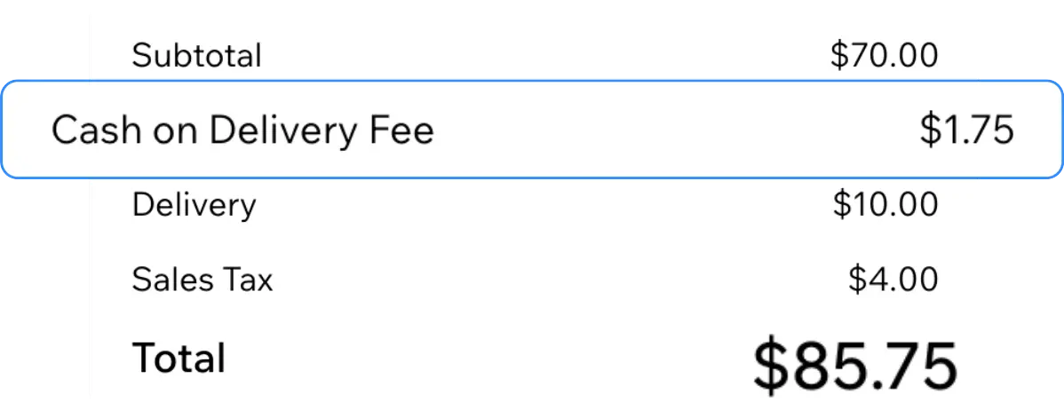 Wix checkout showing a COD fee before order placement.