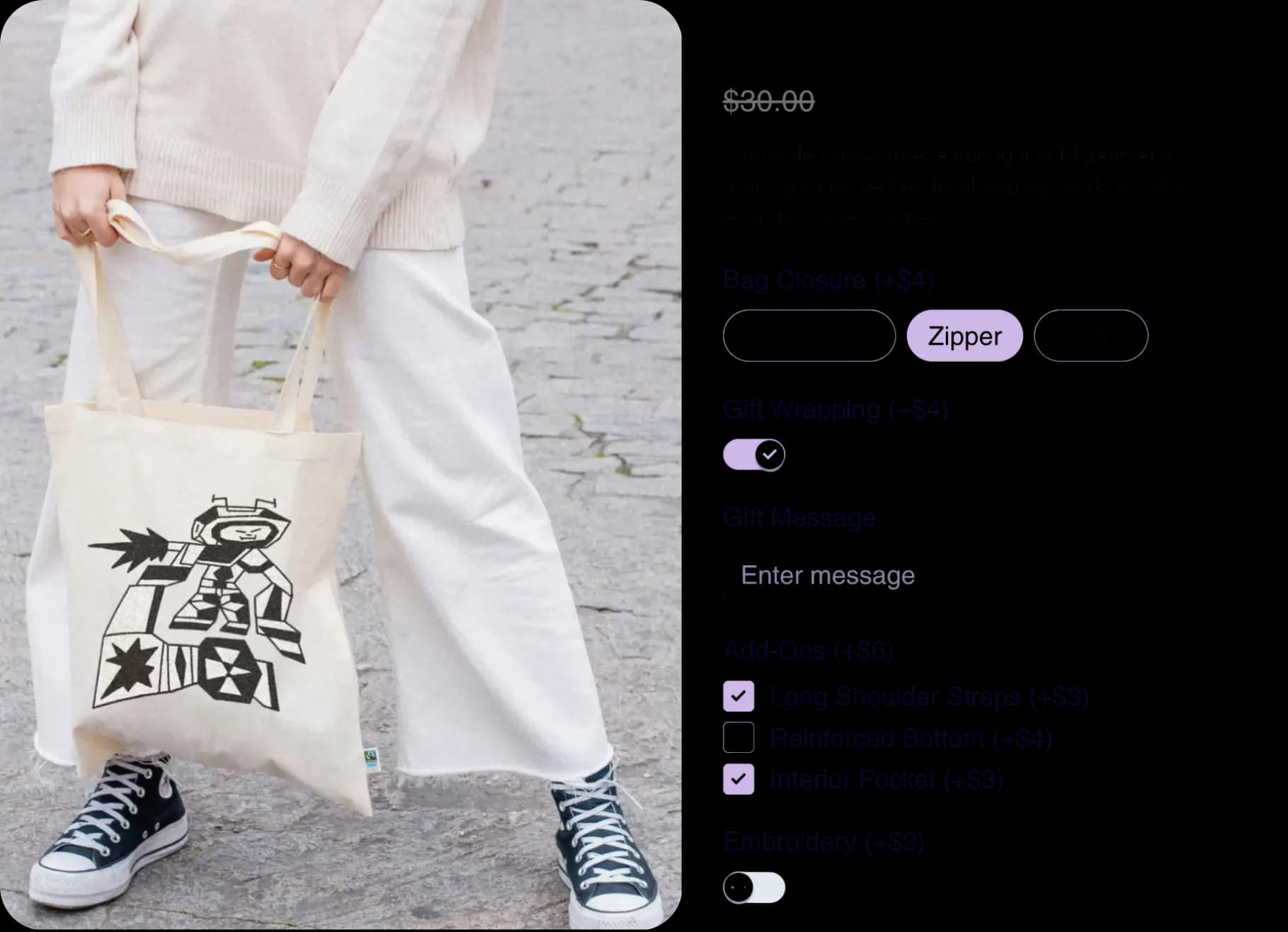 Wix checkout flow showing paid add-ons selected on a product page.