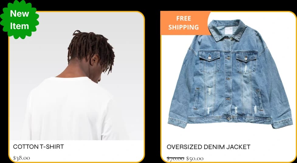 Discount badges on Wix product cards with savings labels.