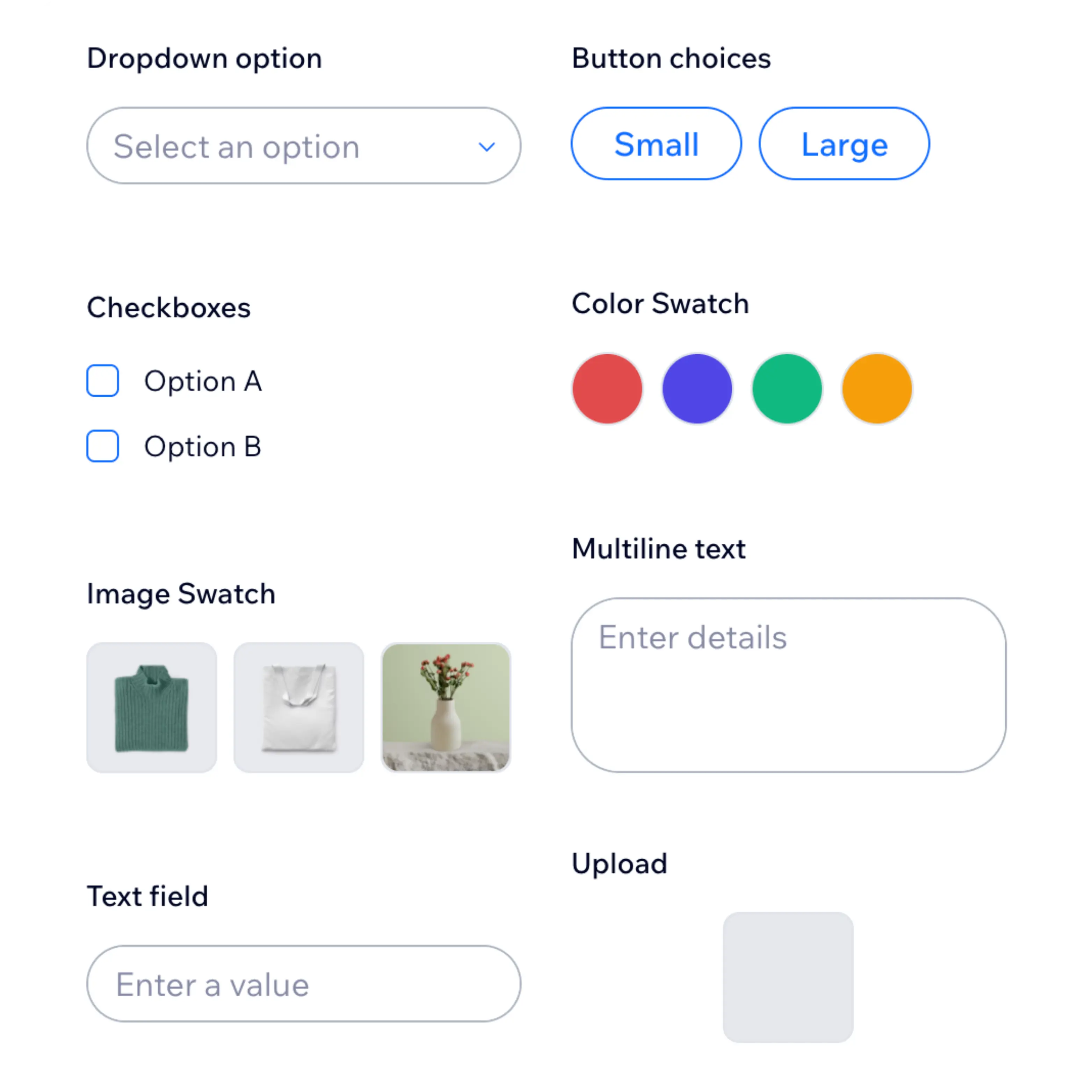 Paid add-on option types like checkboxes and toggles.